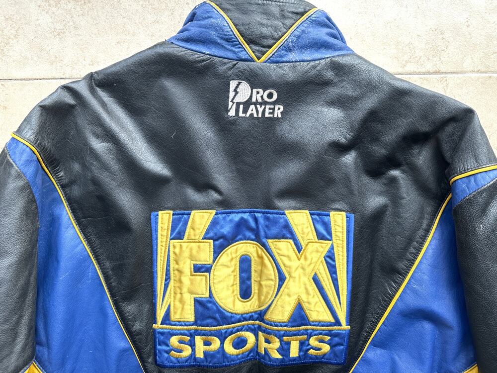 FOX SPORTS 90s PRO Player LEATHER bomber jacket L black blue gold NFL vintage